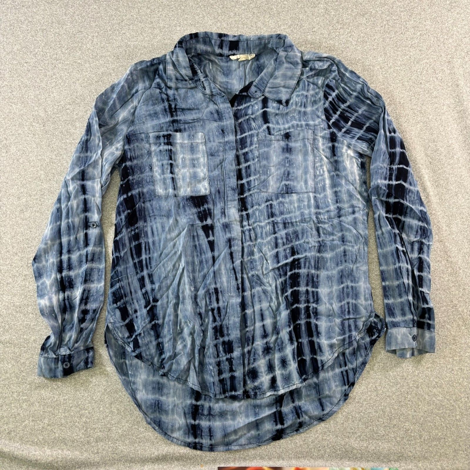 Mystree Women's Blue Tie Dye Button Down Shirt Boho Coastal Long Sleeve Blouse